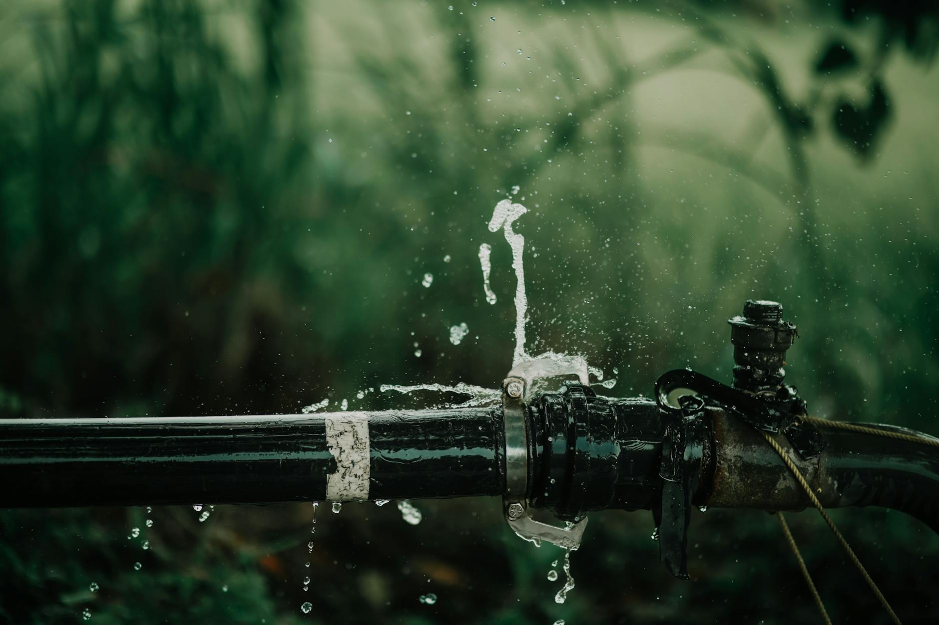 A detailed view of a leaking water pipe in a lush green garden setting.