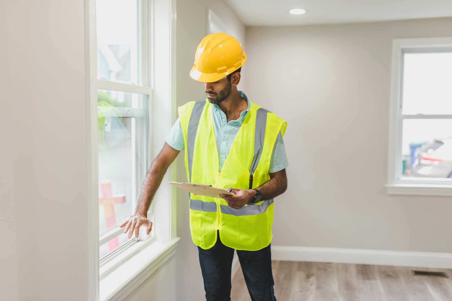 Real estate agent inspecting window indoors, wearing safety vest and hard hat, ensuring home safety.