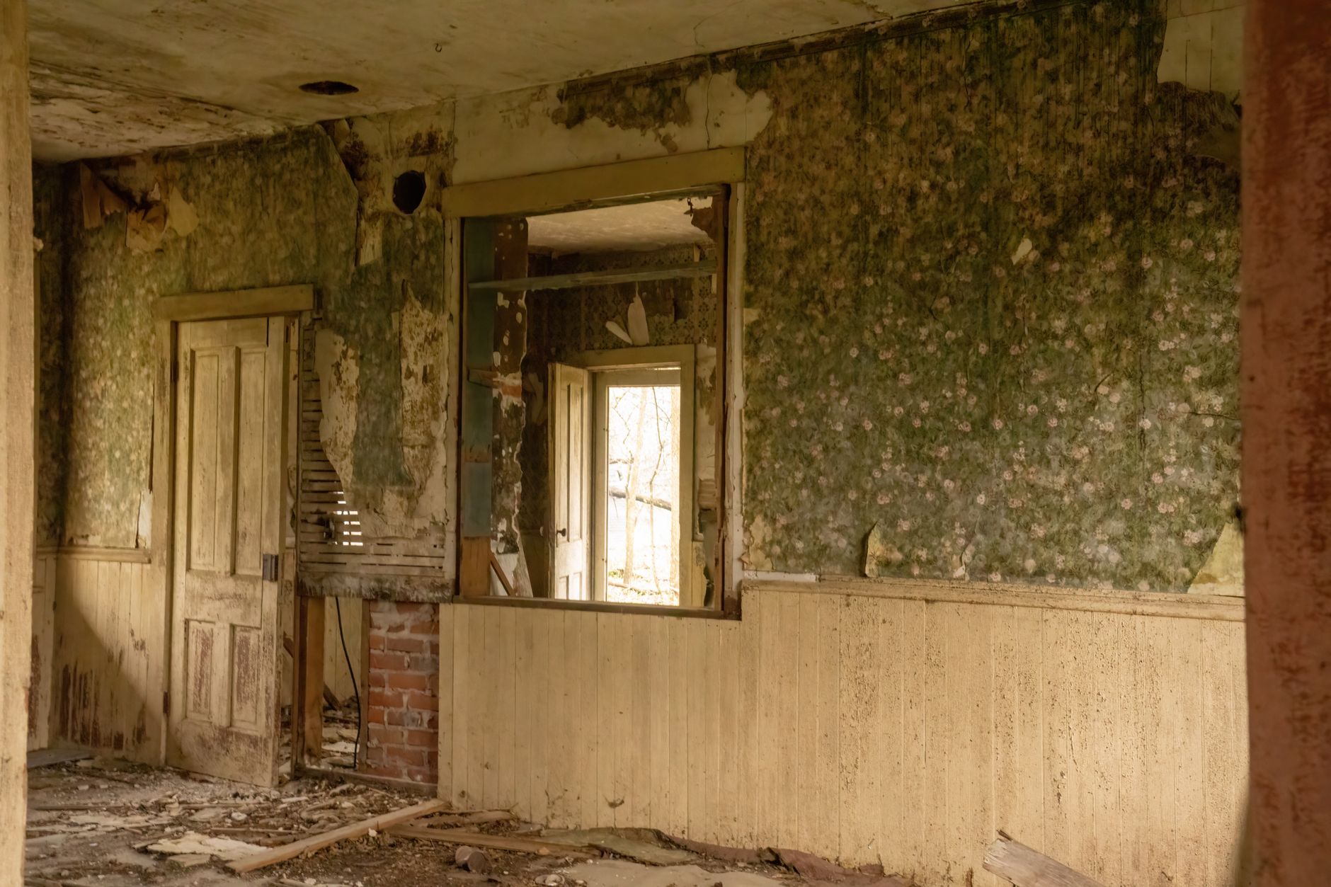 Interior of an abandoned house in West Newton, MN with peeling wallpaper and decaying walls.
