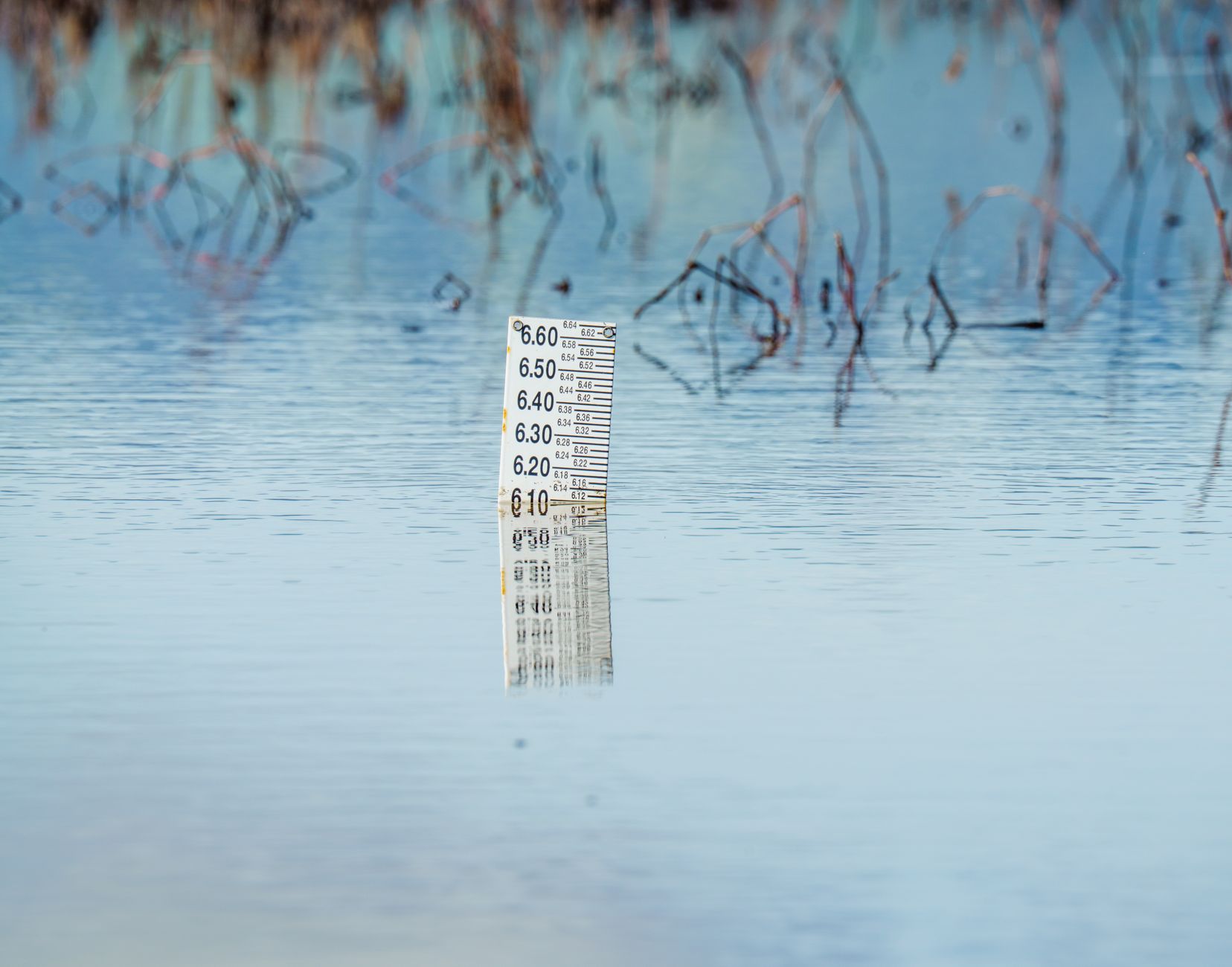 Close-up of a flood gauge in water, reflecting calm surroundings. Perfect for environmental themes.