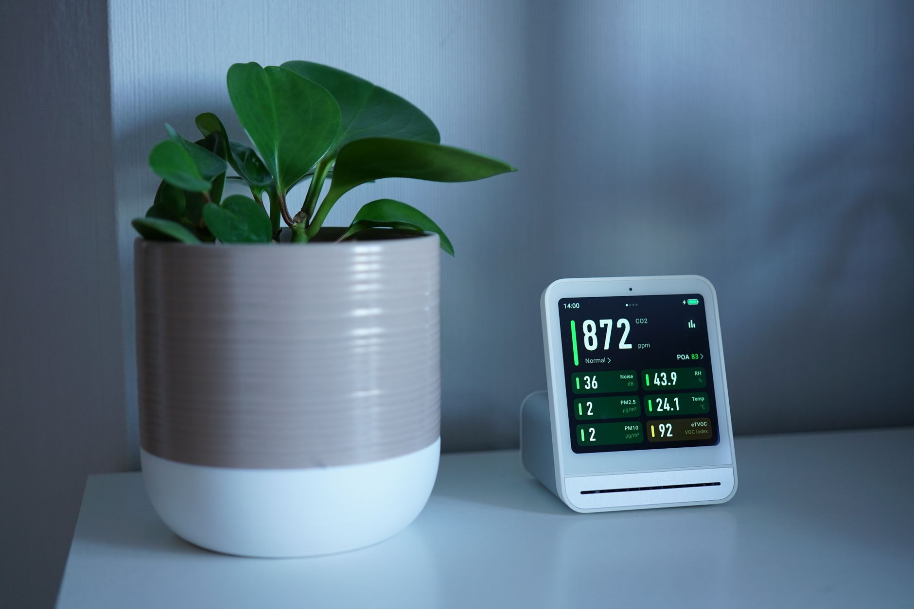 A modern air quality monitor next to a green plant on an indoor table, measuring CO2 levels.